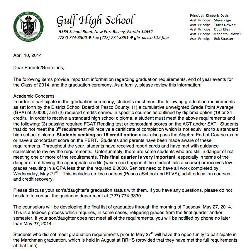 Letter for parents about graduation  Gulf High School