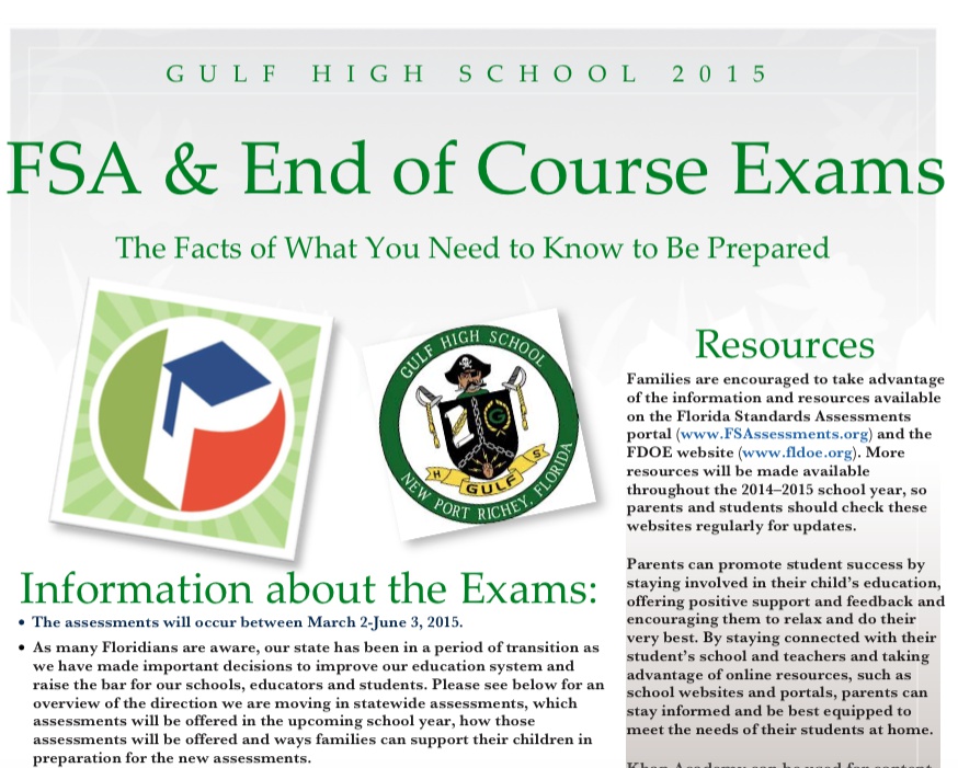 Important info about FSA/EOC tests Gulf High School