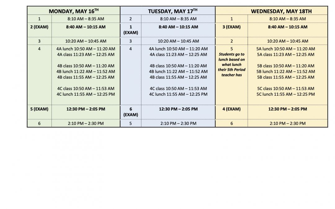 Exam Schedule May 16th-18th
